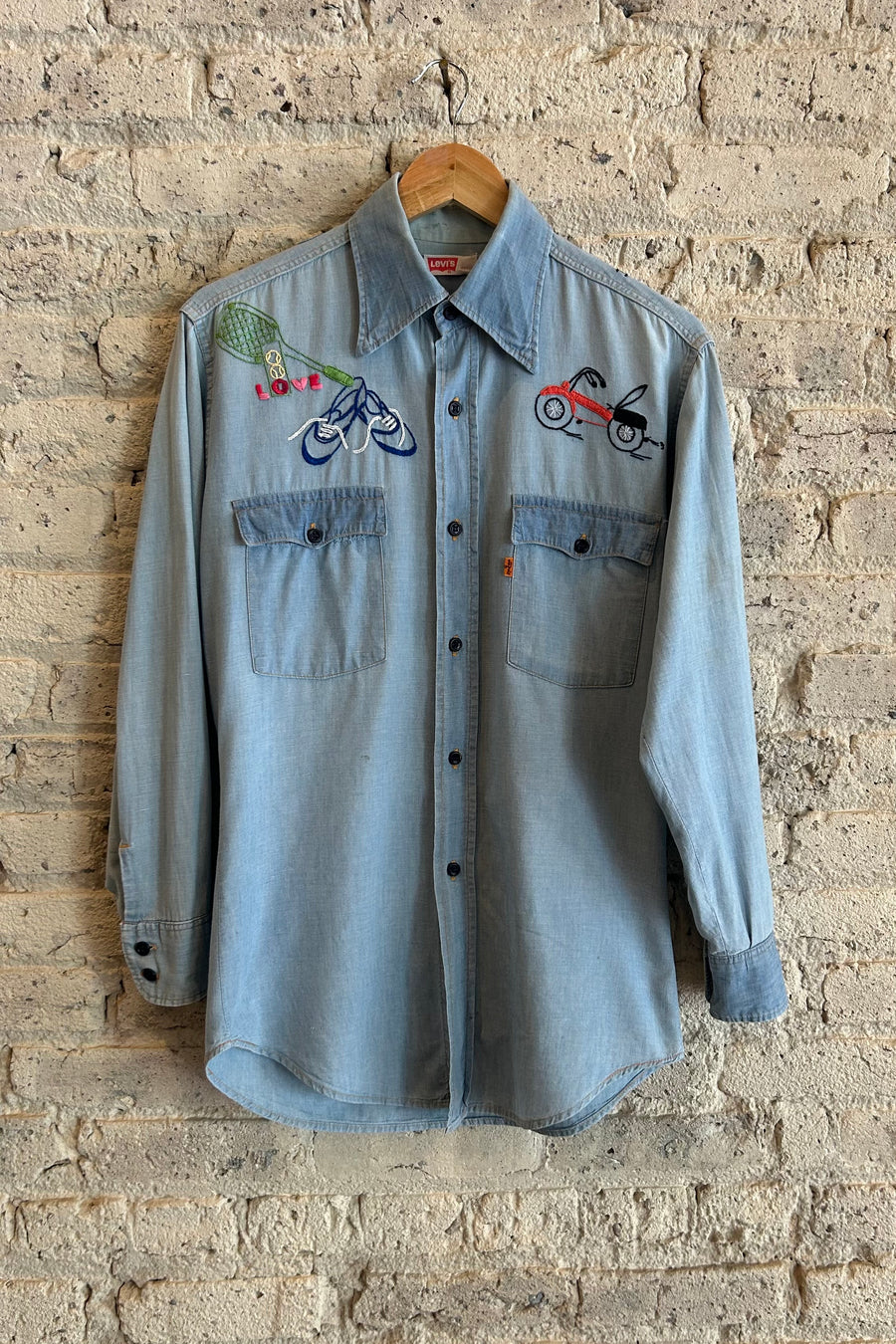Wesley Supply Co 1970's Levi's Hand Embroidered Bike Chambray Shirt in Light Blue - Notre