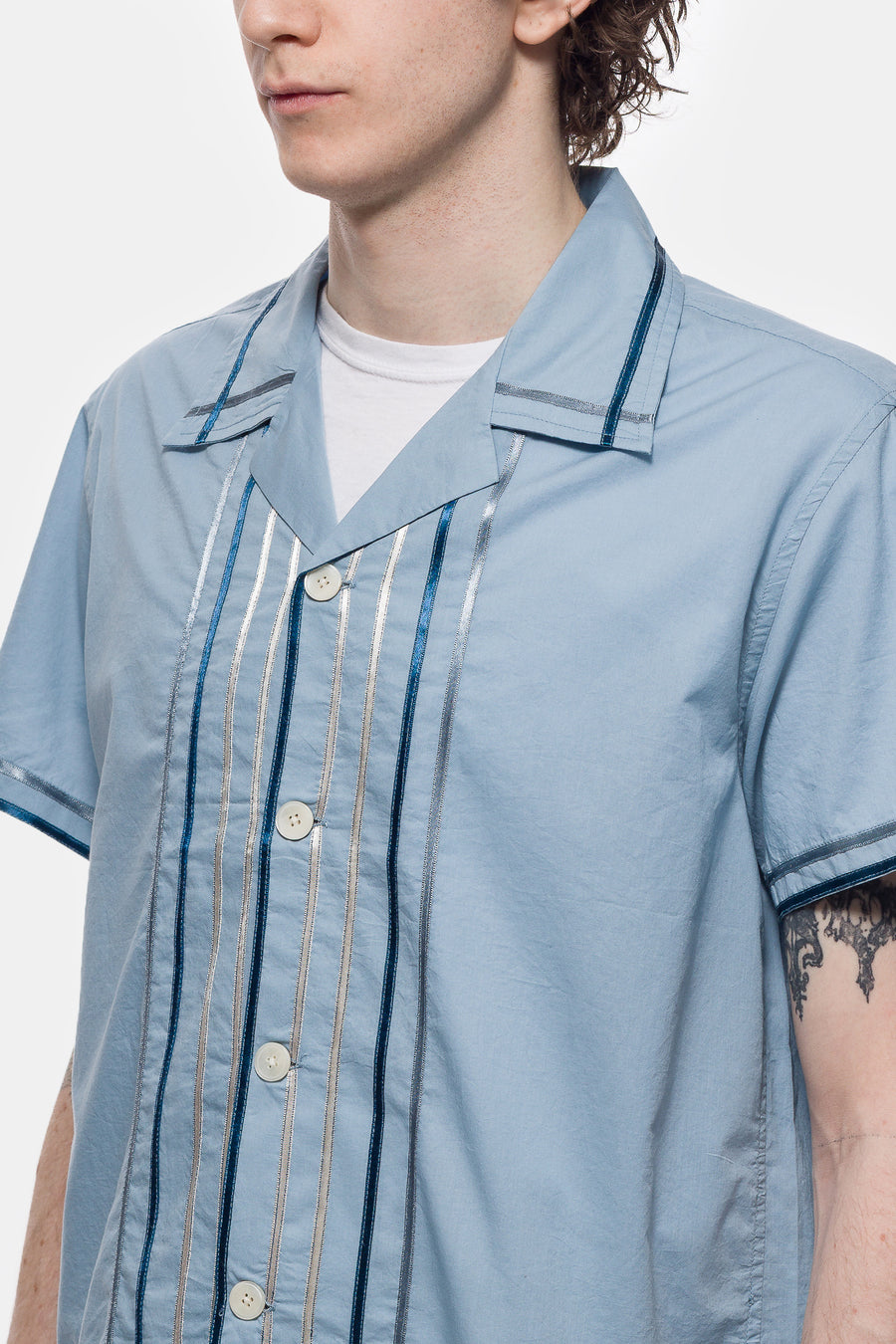 Bode Ribbon Plaid Short Sleeve Shirt in Blue Multi - Notre