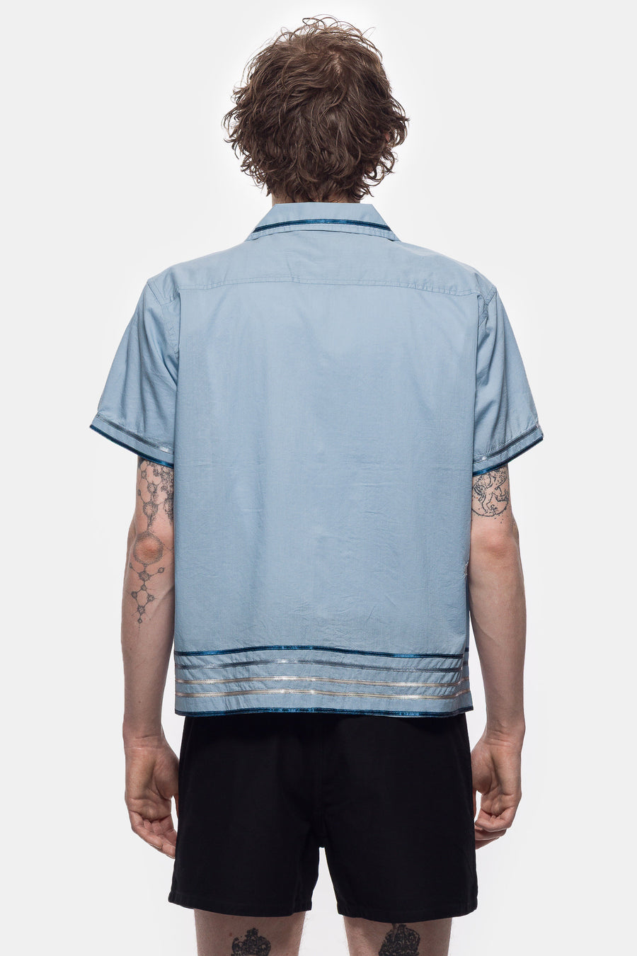 Bode Ribbon Plaid Short Sleeve Shirt in Blue Multi - Notre